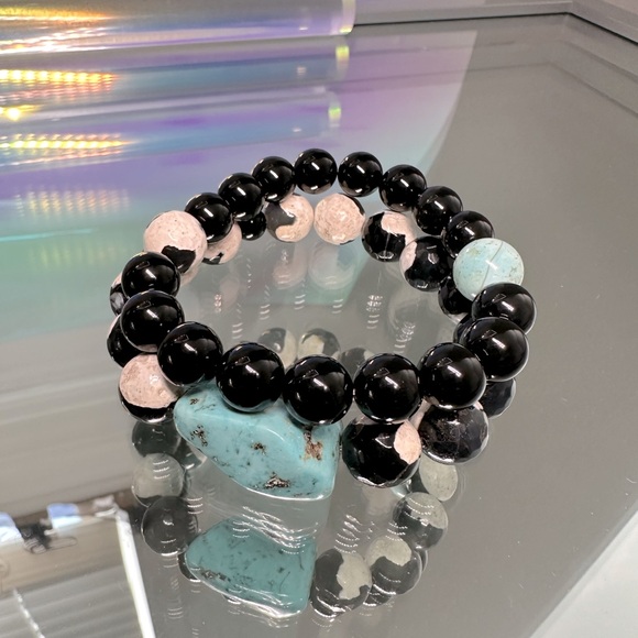 BLACK/WHITE AGATE + ONYX NATURAL BRACELET size 7”set of 2 - Picture 1 of 9